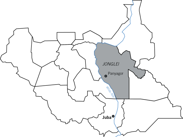 Der Südsudan mit dem Bundesstaat Jonglei und der Provinzhauptstadt Panyagor. Der Nil, der hier noch Weißer Nil heißt, fließt durch die ganze Region. Foto: LWB/B. Germamo